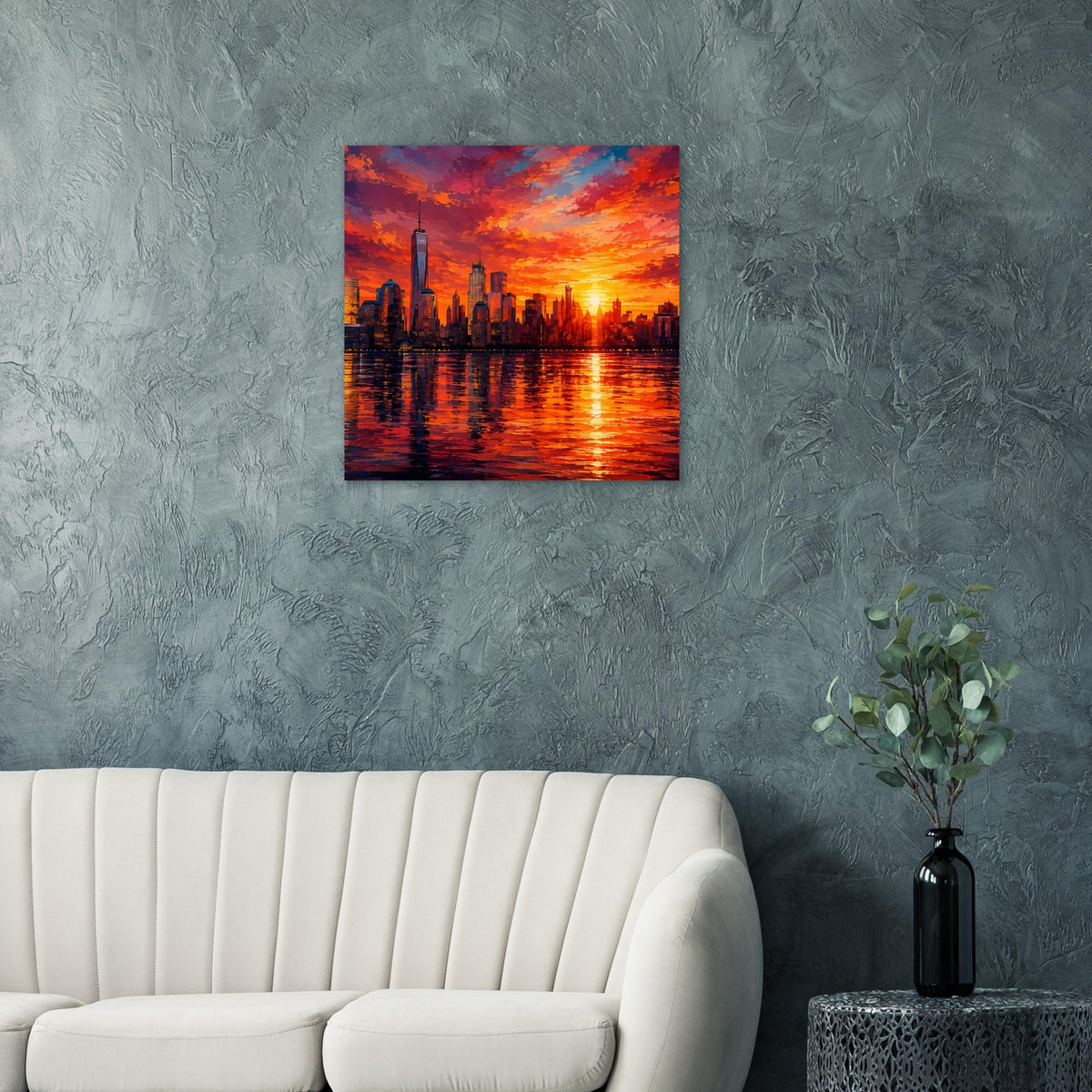 Quadratisches Poster an grauer Wand: New York Skyline mit One World Trade Center im Abendrot.