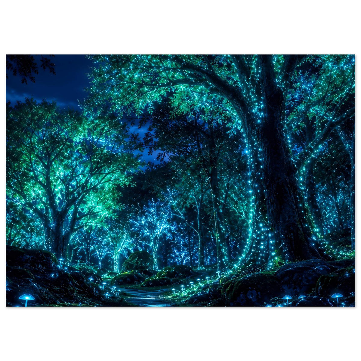 Horizontales Poster: leuchtender Waldweg durch funkelnde Bäume, Nachtlandschaft in Blau-Grün