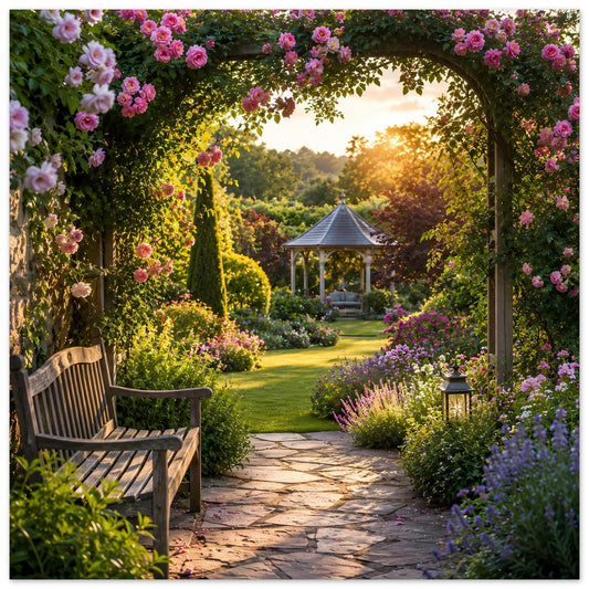 Naturposter mit Blütenbogen, Gartenweg, Holzbank und Pavillon im goldenen Licht