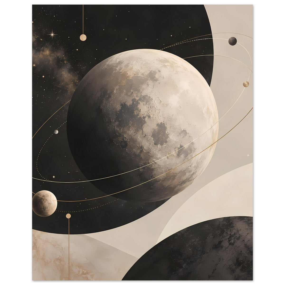 Vertikales Poster: großer Mond im All mit Sternen, goldenen Umlaufbahnen und Planeten.