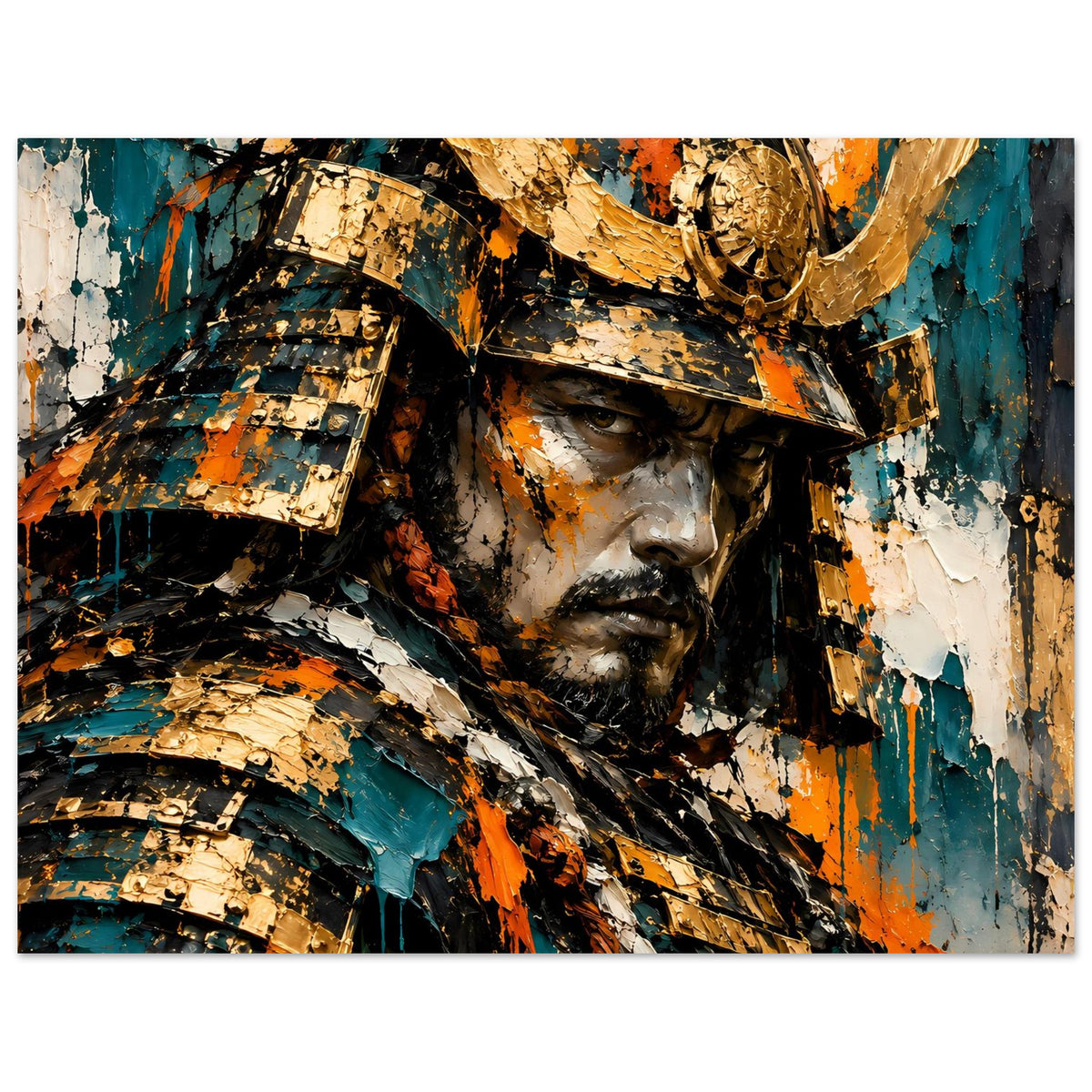 Poster im Querformat: Samurai-Gesicht mit Bart, goldener Helm, Teal- und Orange-Spritzer