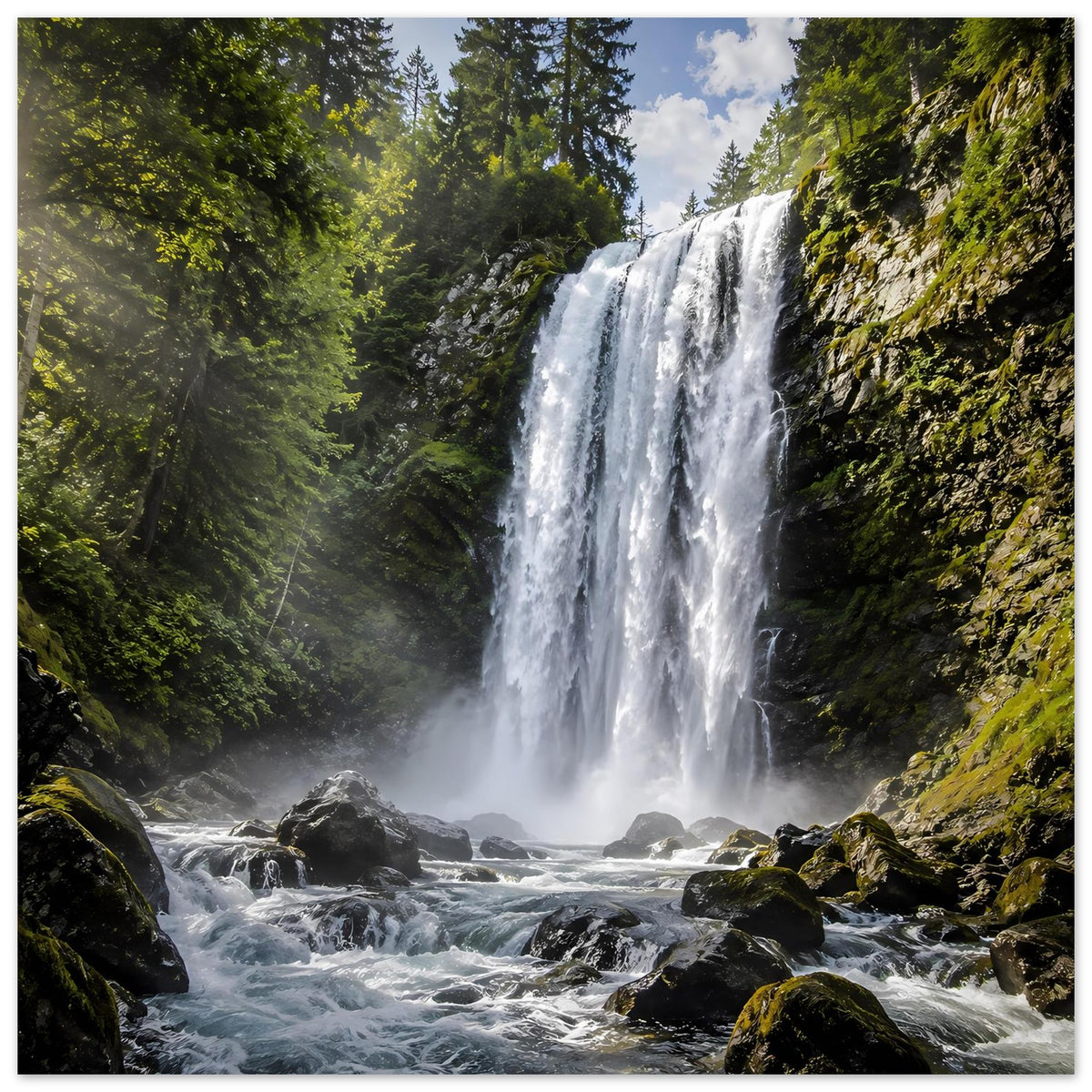 Premium-Poster mit Wasserfall, grünen Hängen und Felsen im Vordergrund, Hochformat.