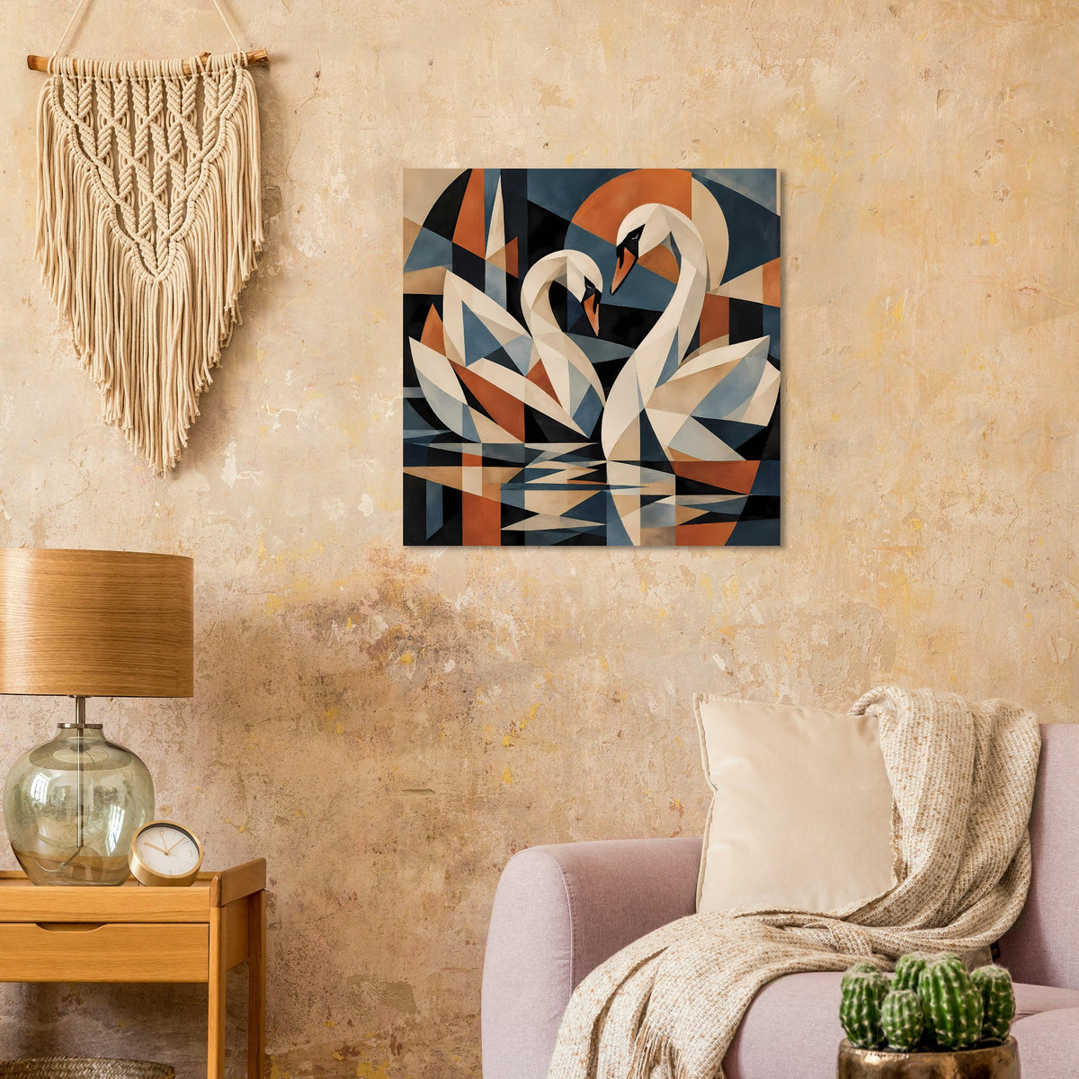 Kubistisches Schwanen-Poster: abstrakter Schwan aus beige, orange und blauen Polygonen