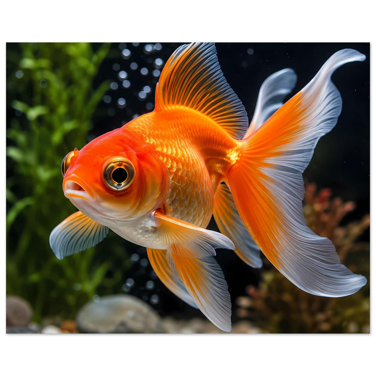 Goldfisch-Porträt als Poster auf mattem Papier, orangefarbener Fisch mit weißen Flossen