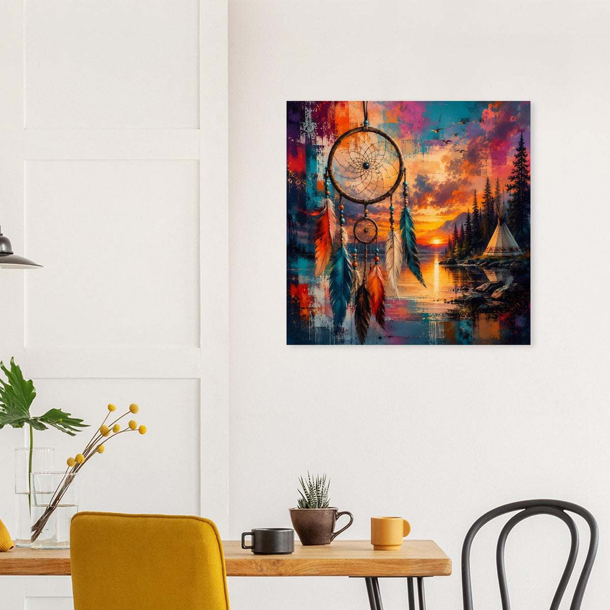 Poster mit Traumfänger: großer Kreis, kleine Scheiben und Federn über See und Wald