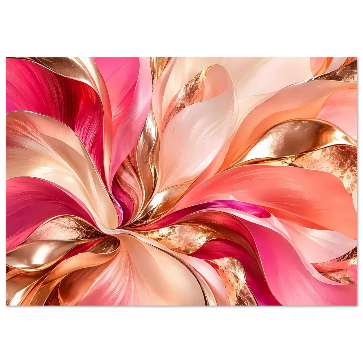 Abstraktes Blumenposter mit rosa Farbwirbeln, goldenen Akzenten und fließenden Bandformen