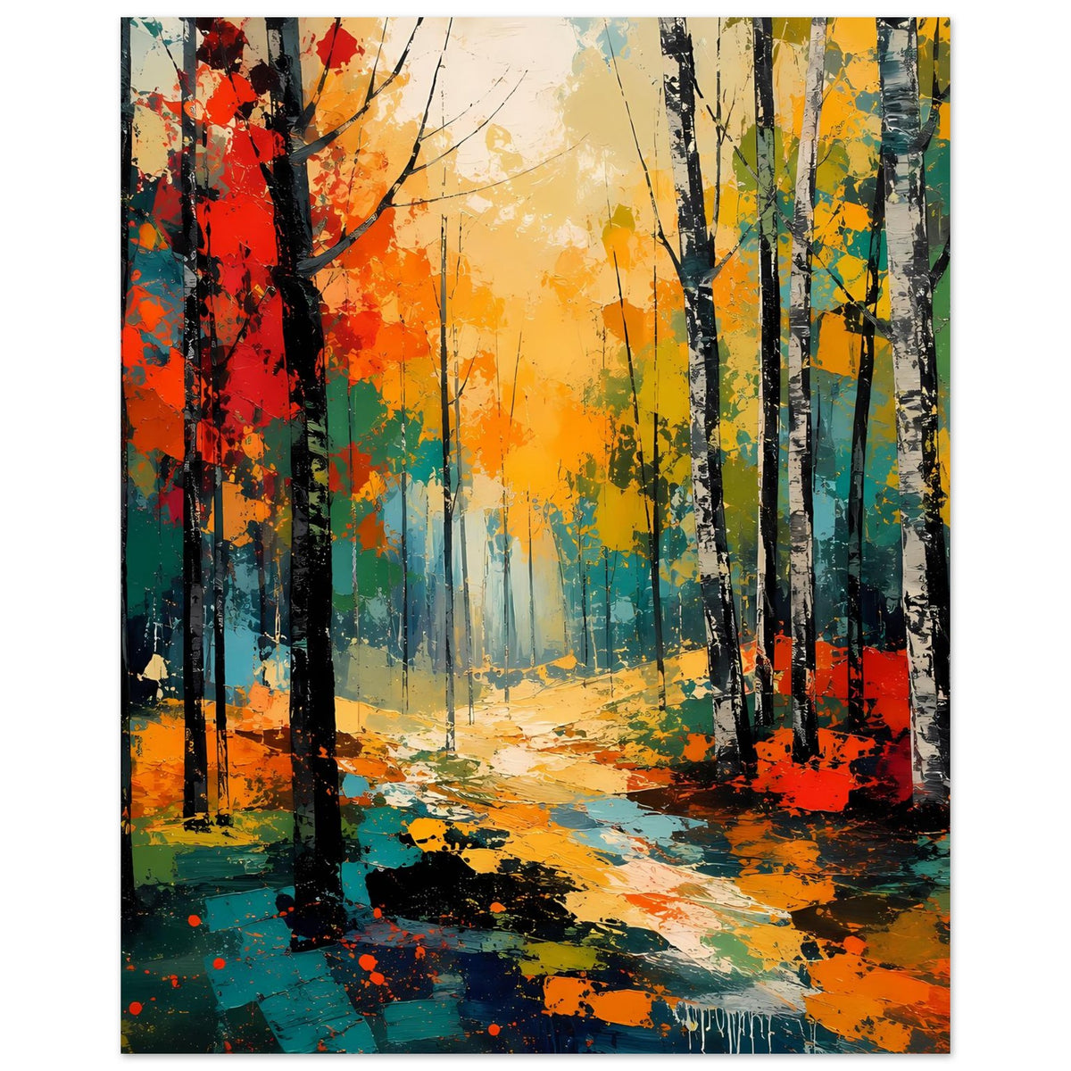 Herbstwald-Poster mit farbigem Waldweg zwischen dunklen Baumstämmen, markante Farbflecken