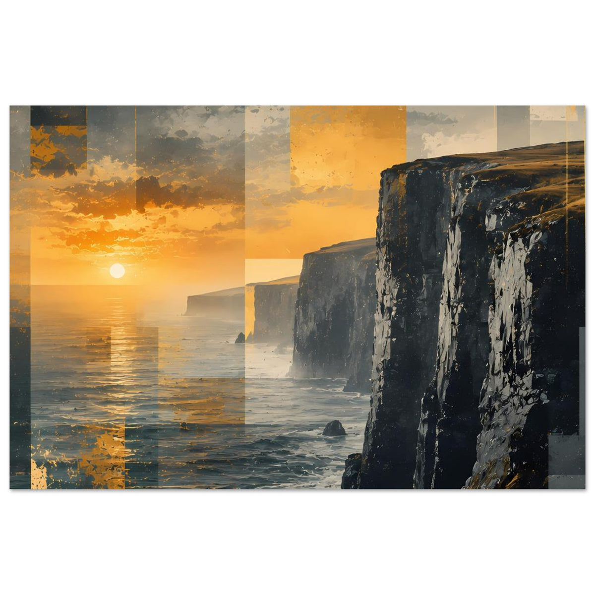 Poster im Querformat mit Sonnenuntergang, ruhigem Meer und Felsklippen rechts