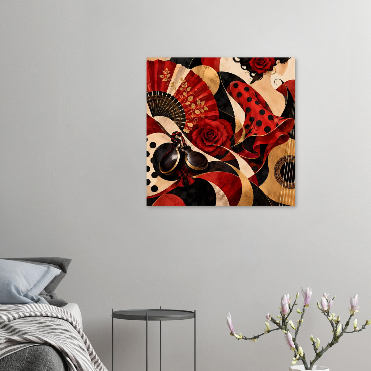 Horizontales Poster mit Flamenco-Motiv: Fächer, rote Rose und Polka-Dots