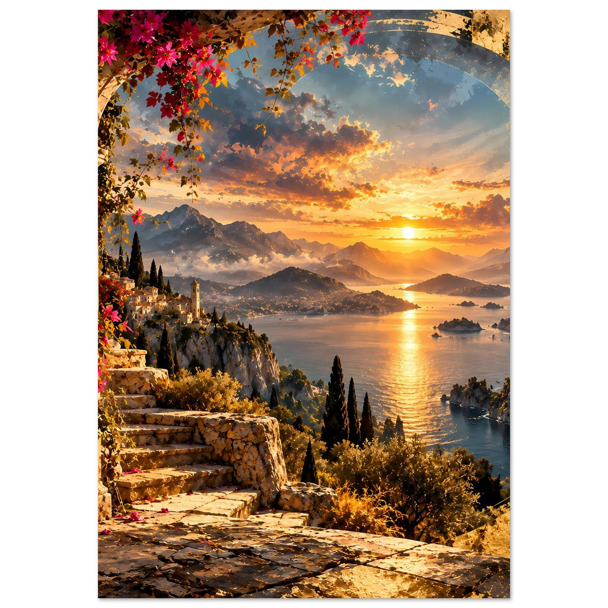 Küstenposter: Sonnenuntergang über Wasser, Berge und Uferlinie mit Steinstufen