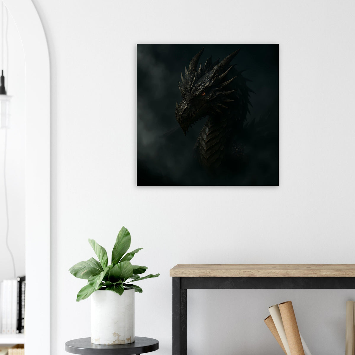 Quadratisches Wandkunstposter mit schwarzem Drachenkopf auf dunklem Hintergrund
