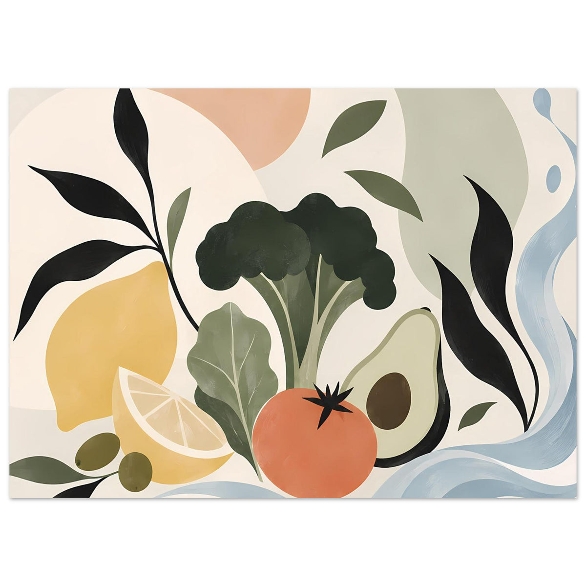 Botanisches Poster im Rahmen mit orangefarbener Tomate, grüner Blatttraube, gelber Zitrone und Wellen