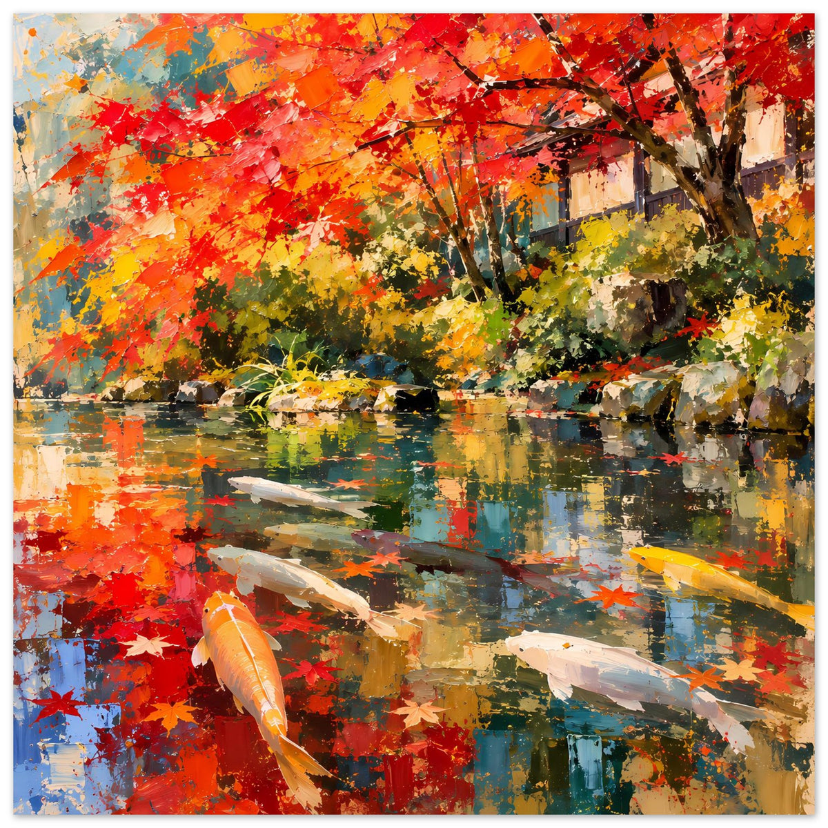 Poster mit Koi-Teich im Herbst: orangefarbene Laubbäume und Fische nahe der Wasseroberfläche