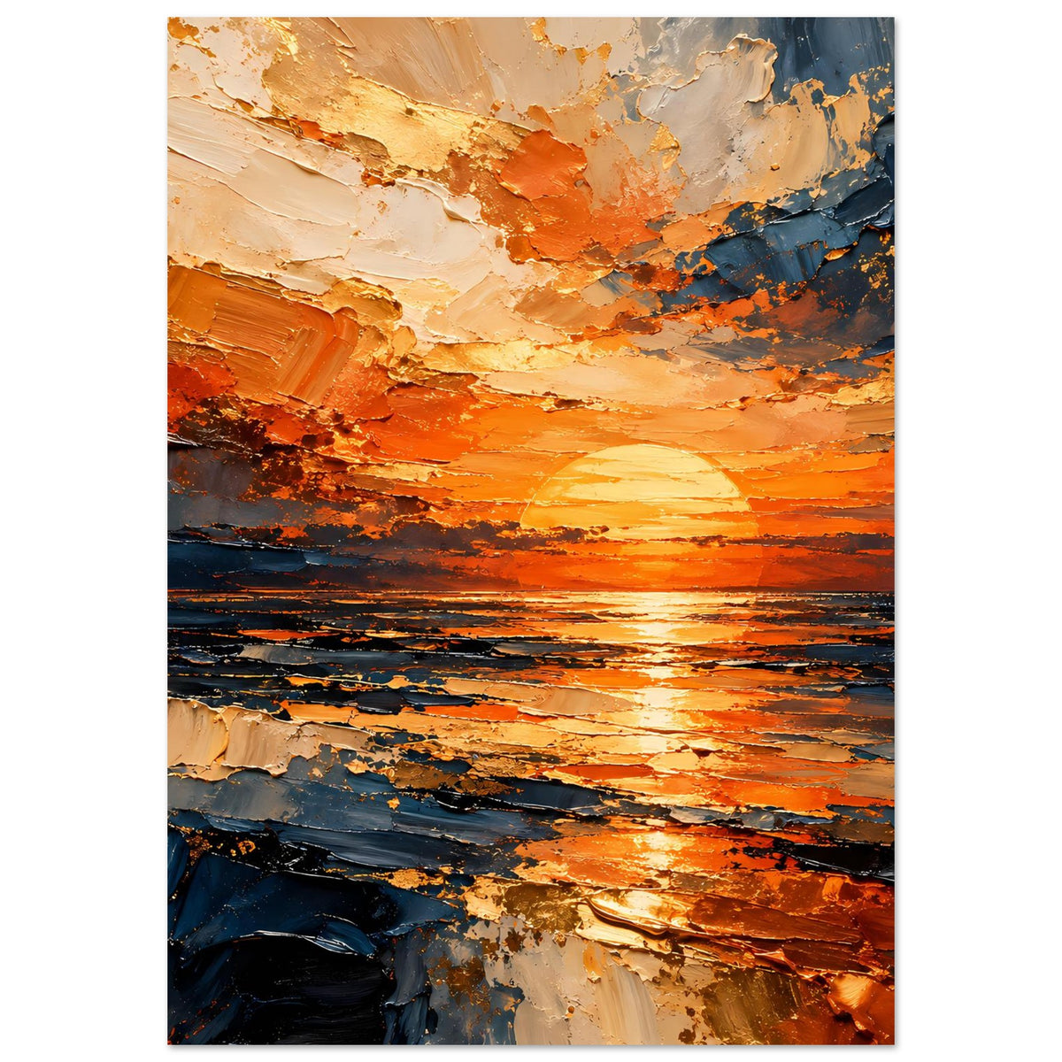 Abstraktes Sonnenuntergangs-Meer Poster, vertikal, orange-blaues Farbspiel mit Relieftextur