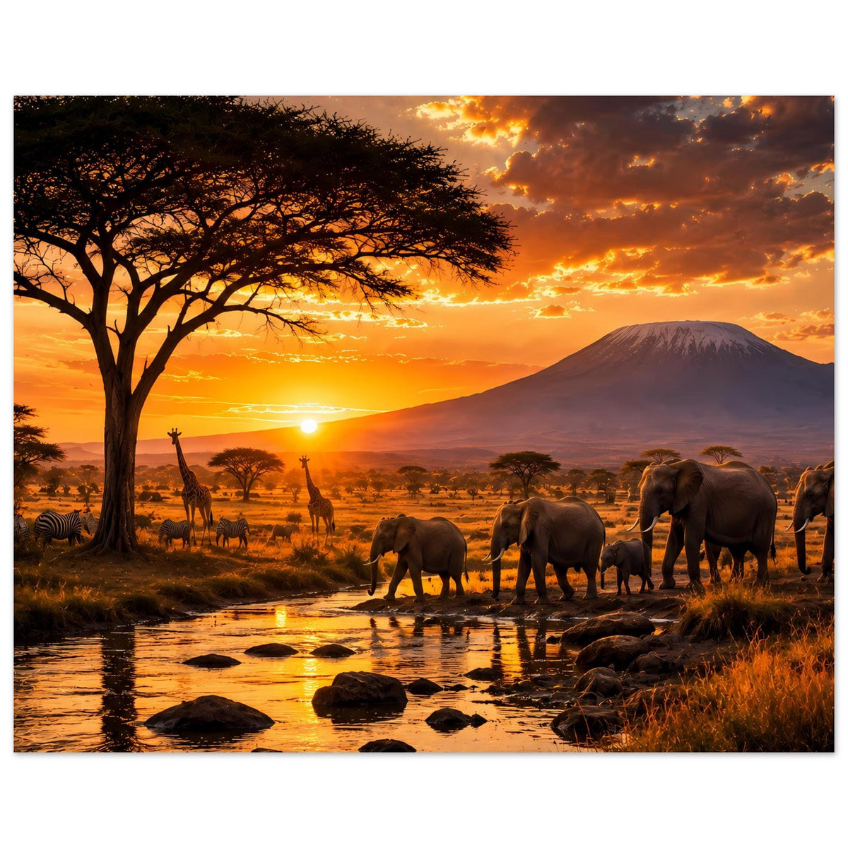 Safari-Poster: Elefanten am Wasserlauf mit Felsbergen und orange-gelbem Abendhimmel