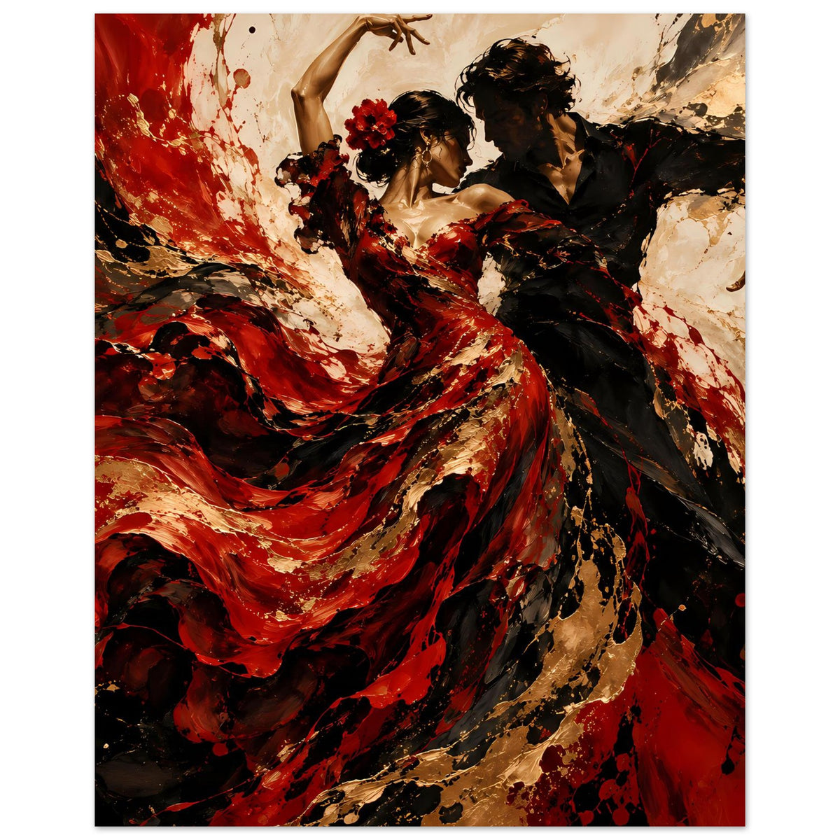 Flamenco-Tanz-Poster, vertikaler Ausschnitt: roter Rock und schwarzes Tänzerpaar