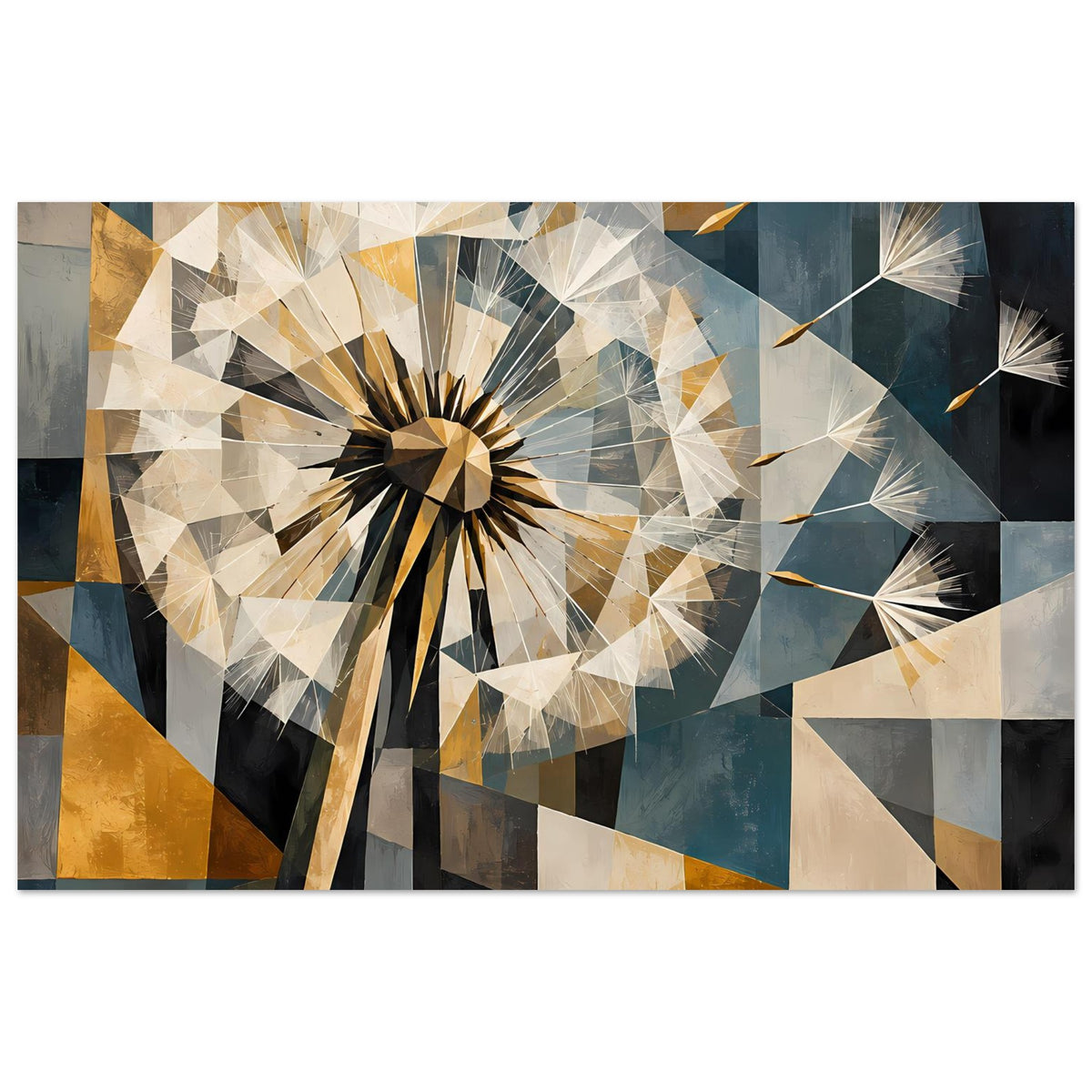 Rechteckiges Poster mit abstrakter geometrischer Pusteblume in erdigen Blau-, Beige- und Goldtönen