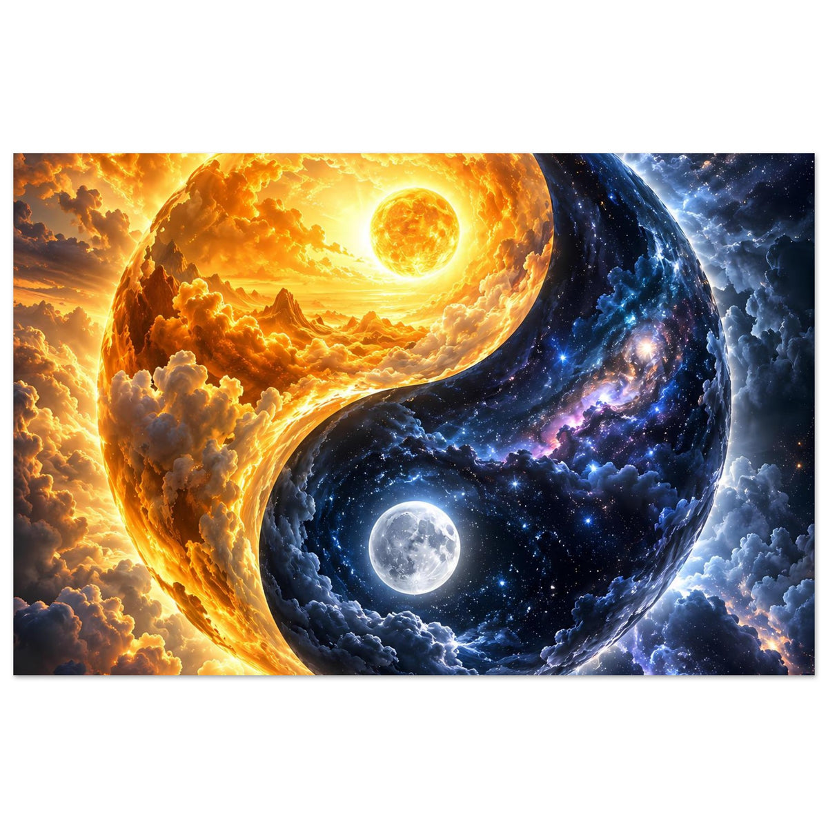 Kosmos-Kunstdruck (Querformat) mit Yin-Yang-Motiv: Sonne, Mond, Wolken und Sternenhimmel.