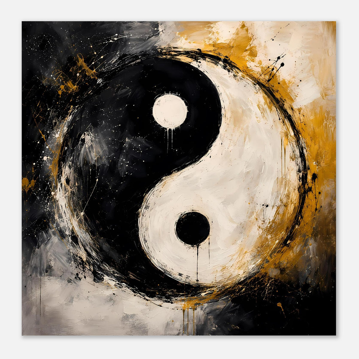 Abstraktes Yin-Yang-Poster im Querformat, große Yin-Yang-Formen in Schwarz, Weiß, Gold