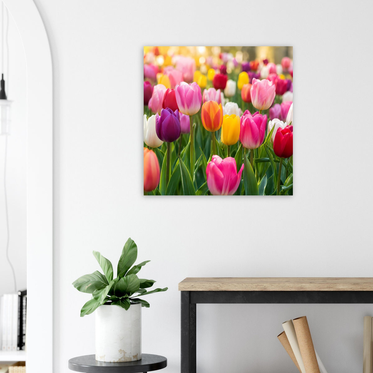 Quadratisches Poster mit Tulpenblüten in Rosa, Orange und Lila