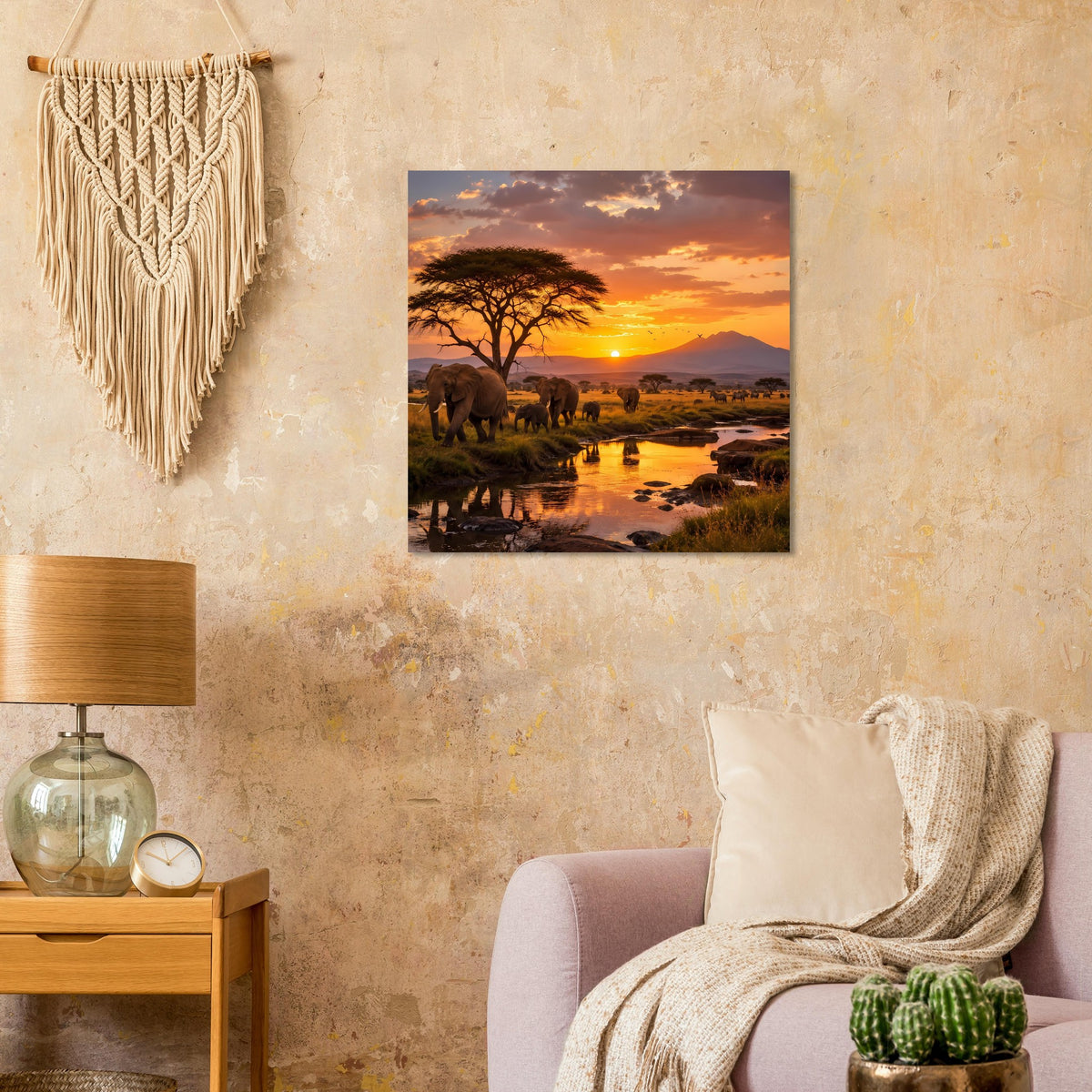 Quadratisches Poster mit Elefanten in der Savanne bei Sonnenuntergang