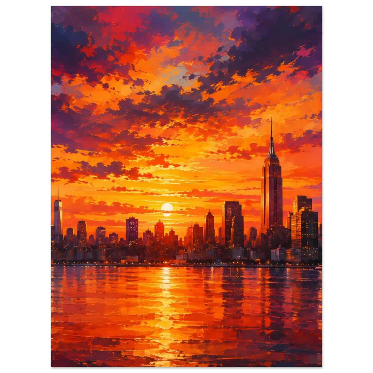 Poster mit Stadt-Skyline bei Sonnenuntergang, orangefarbener Himmel und Spiegelung im Wasser