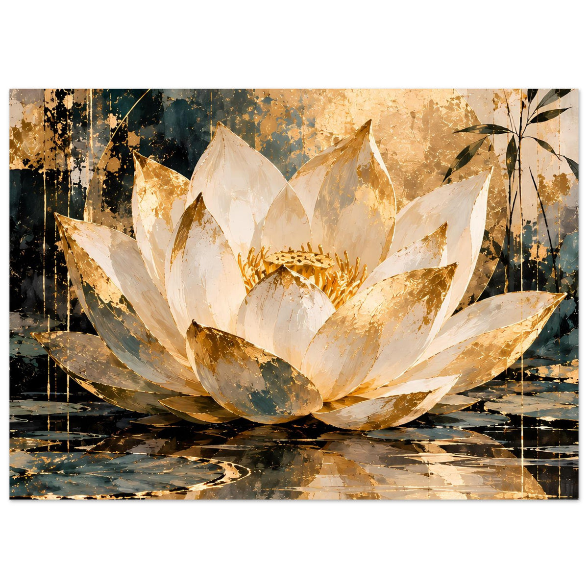 Lotus-Poster mit großer weiß-goldener Lotusblüte, abstrakten Flecken und dunklen Linien