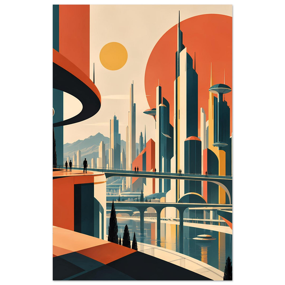 Poster mit futuristischer Skyline, großer Sonne, hohen Türmen und Flussbrücke im Vordergrund