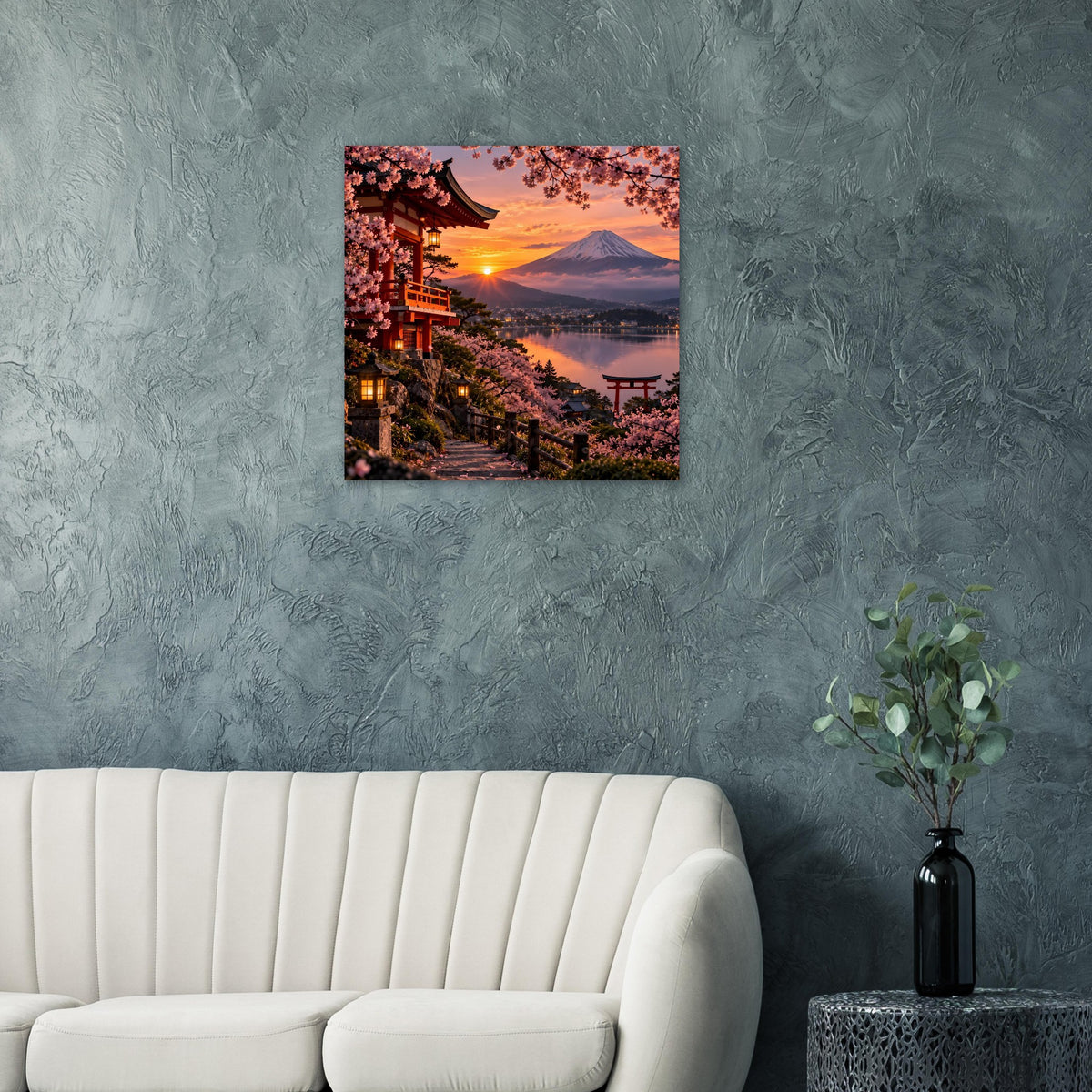 Quadratisches Wandposter mit Kirschblüten, Tempelgang und Berg bei Abendsonne