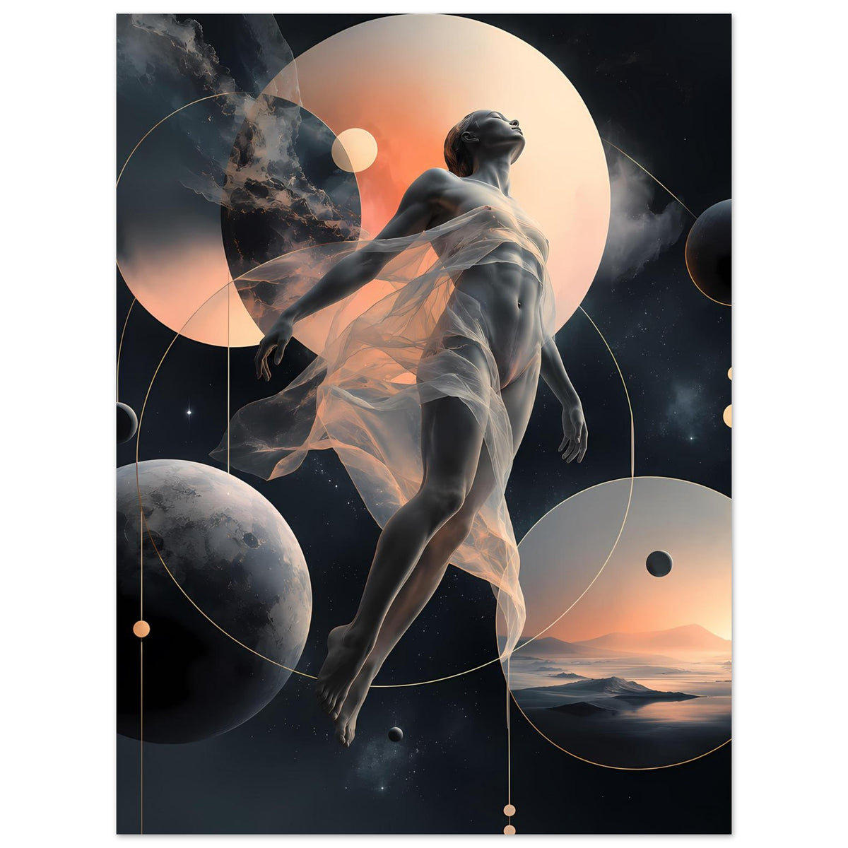Poster mit abstrakter Frauenskulptur und Planetenmotiven, in warmem Mondlicht gehalten