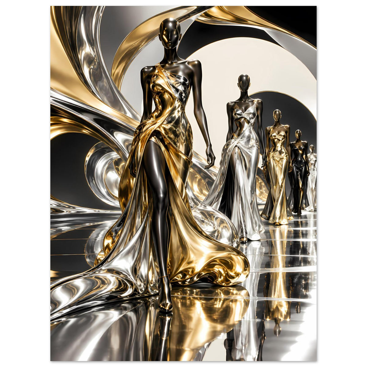 Gold-Silber Hochformat-Poster mit stehenden Figuren und spiegelnden Metallreflexen