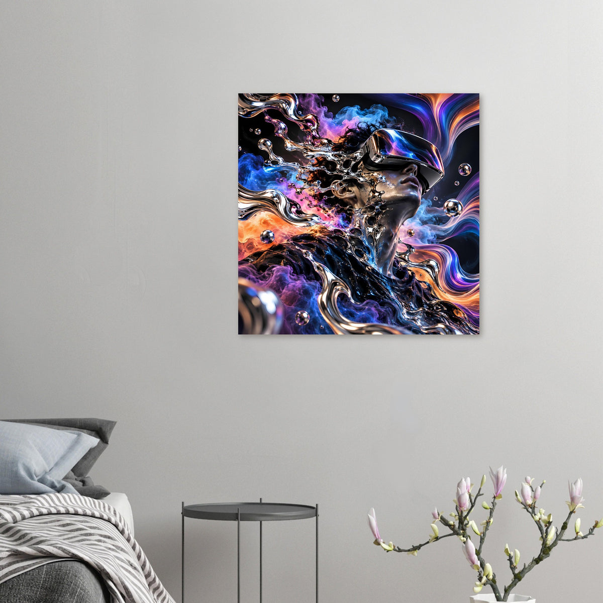 Kleiner Kunstdruck: futuristisches Porträt mit Chromstrukturen, Rauchwolken und Spritzern