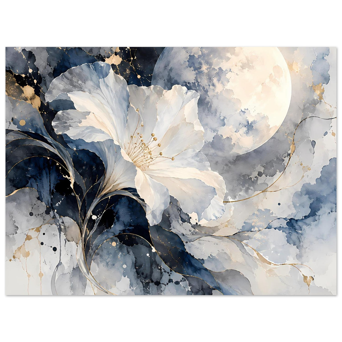 Breites Poster mit Vollmond, blauen Feder-ähnlichen Blättern und weißen Blüten, goldene Sprenkel