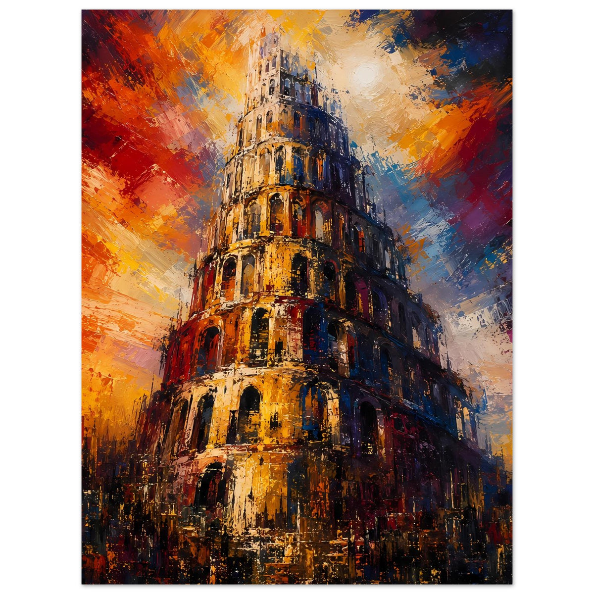 Vertikales Poster mit Babel-Turm in kräftigen Orange- und Blautönen, mit goldenen Details