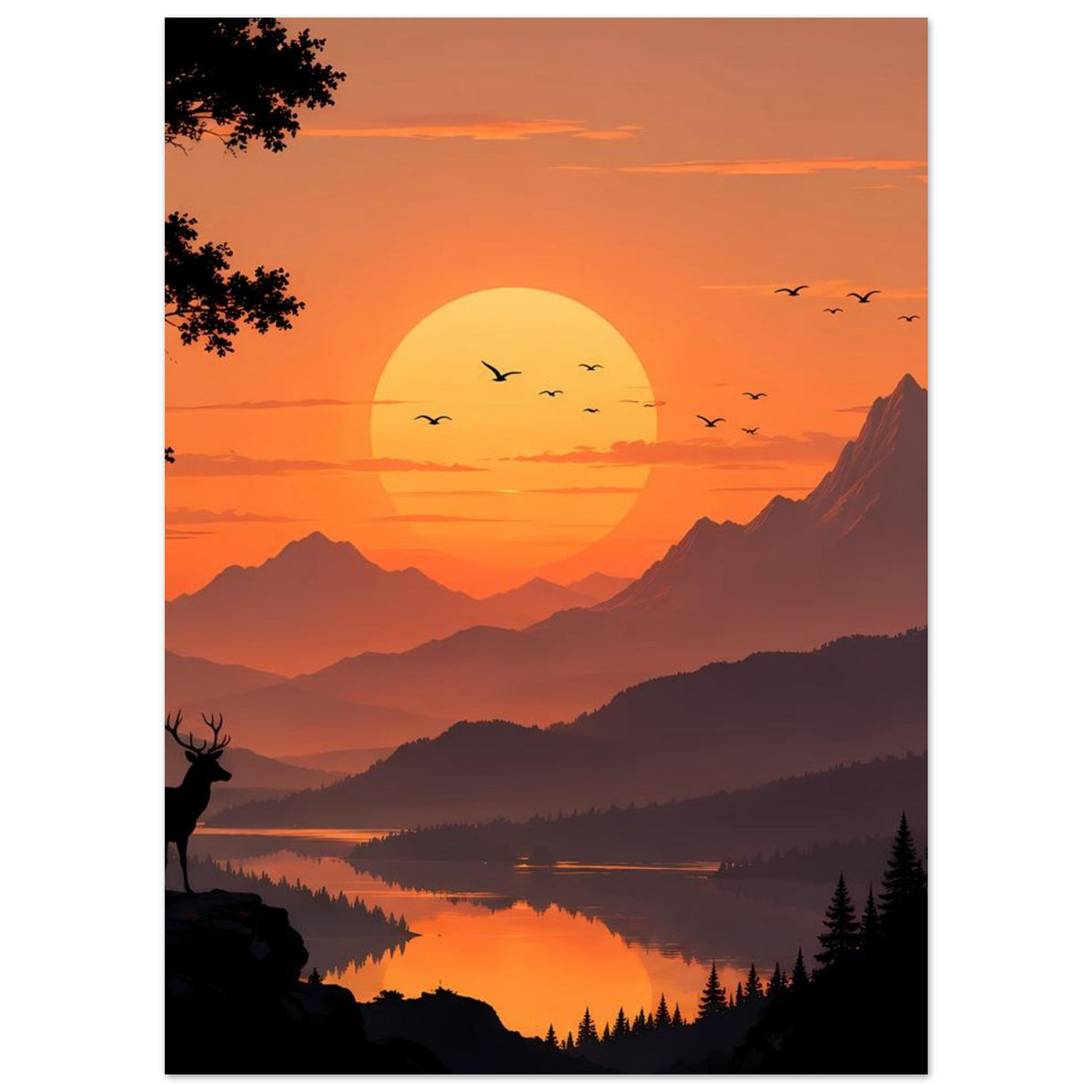 Landschaftsposter (Hochformat): Berge und See im Abendrot, großer Sonnenball mit Vögeln