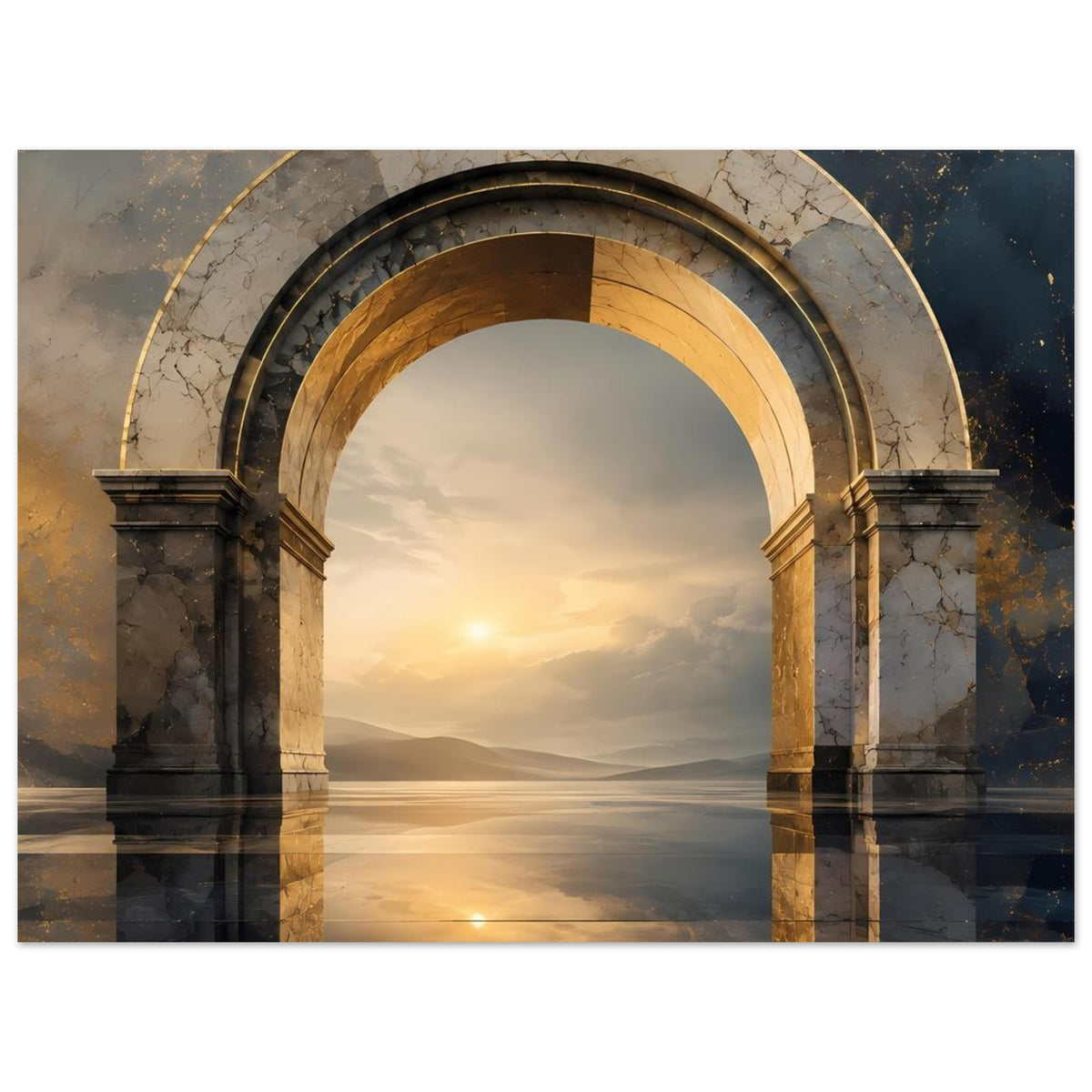 Wandposter mit Rundbogen aus Marmor, dunklem Außenring und goldenem Lichtbogen