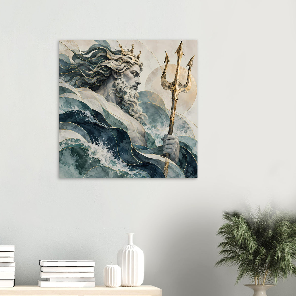 Kleines Wandposter mit Meeresgott und Dreizack, Wellenmuster in Blau und Gold