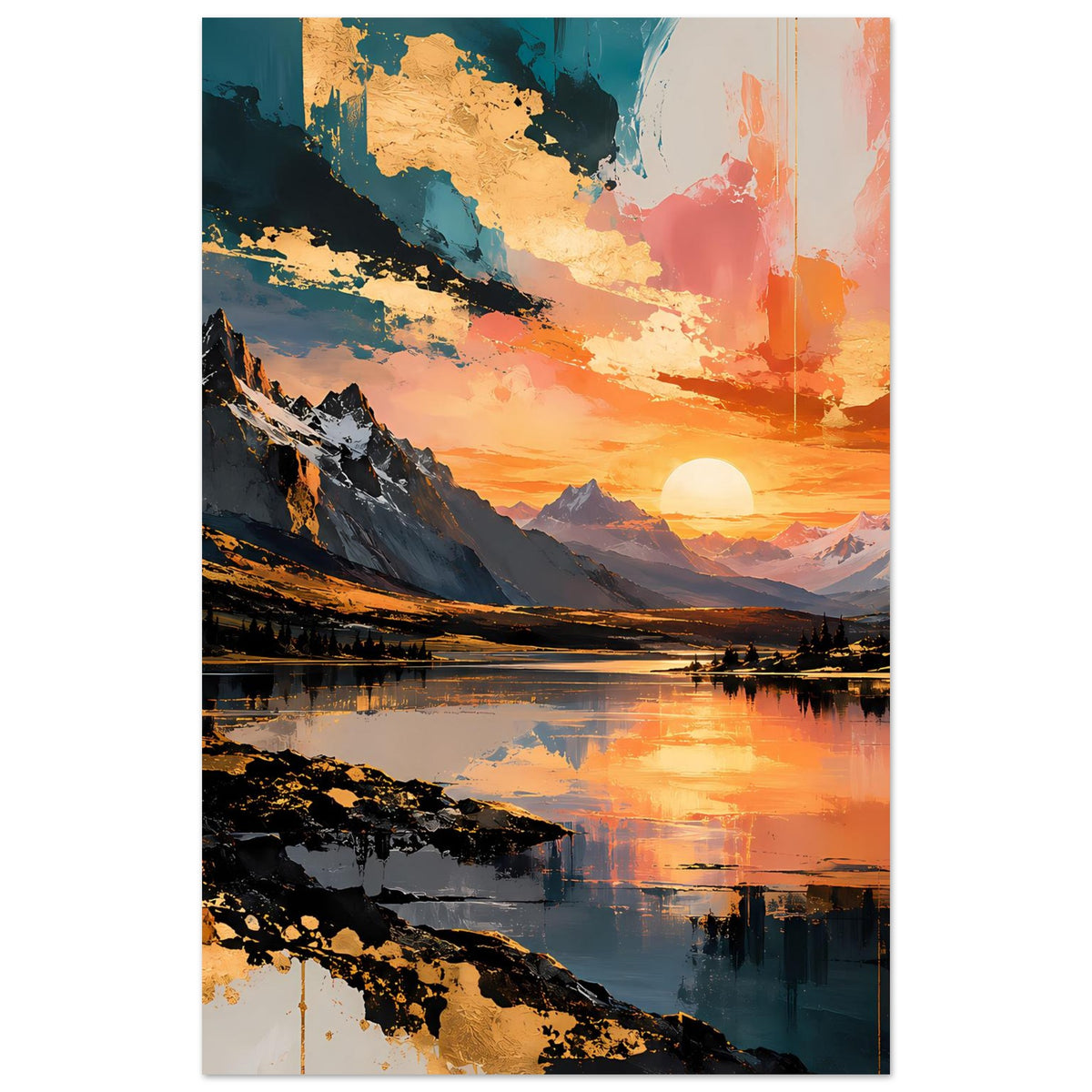 Vertikales Poster mit Bergpanorama, Seeufer und untergehender Sonne, orangefarbener Himmel, Reflexionen