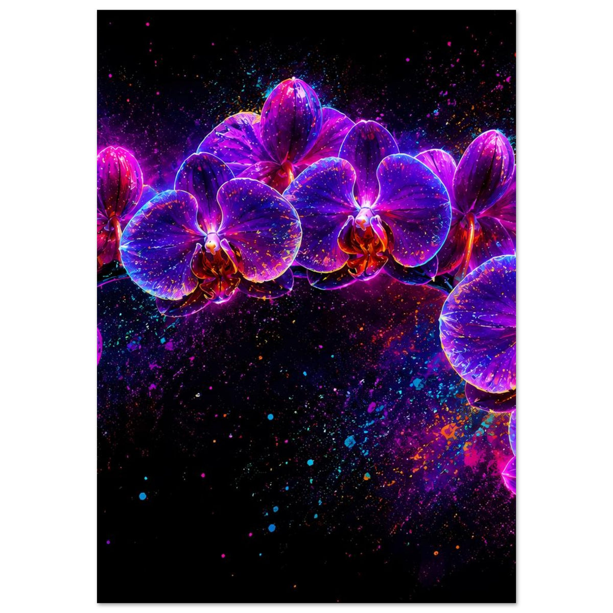 Abstraktes Neon-Orchideenposter mit leuchtenden Blüten in Violett, Pink und Blau