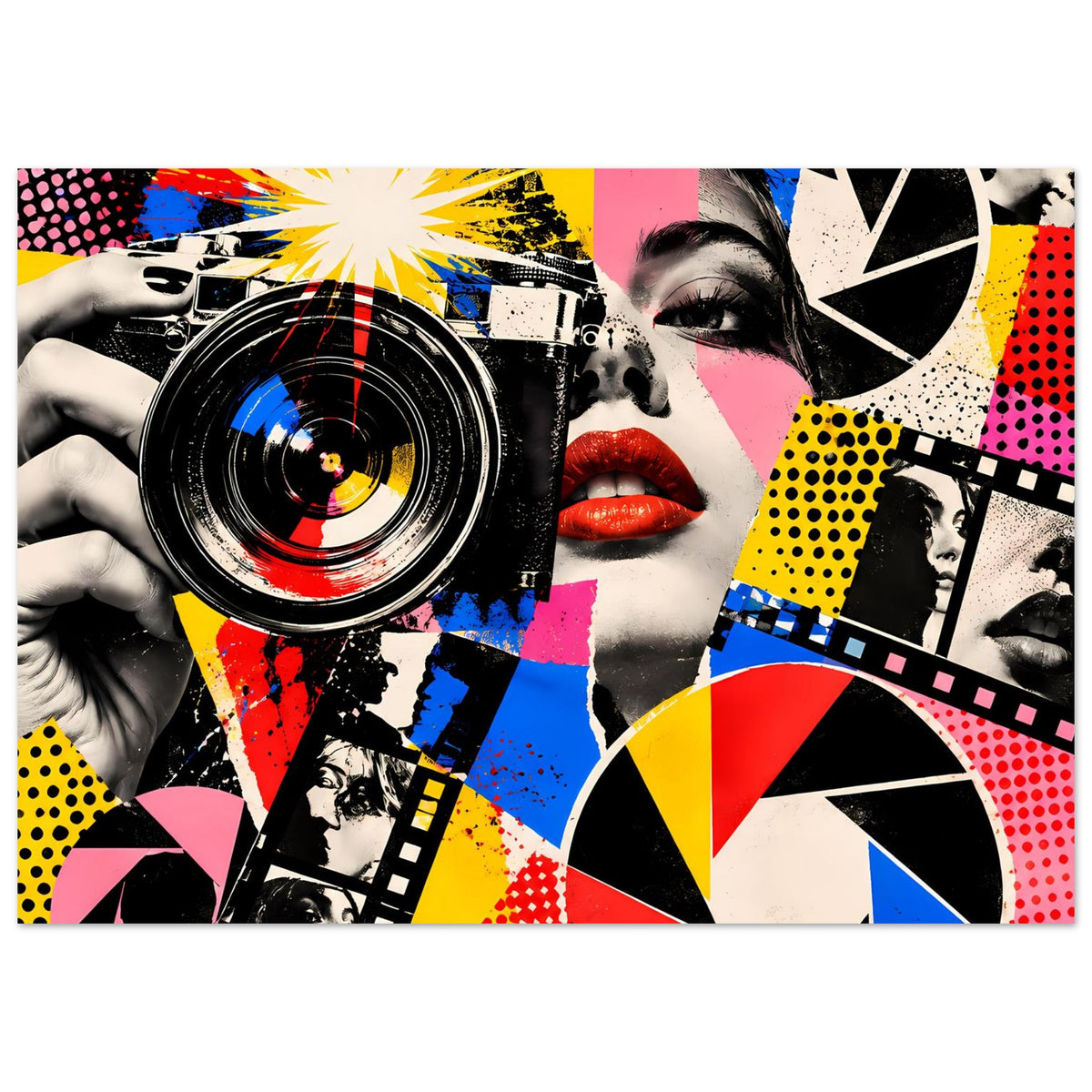 Pop-Art-Fotografie-Poster im Querformat mit Kamera-Linse, Gesicht und bunten Mustern