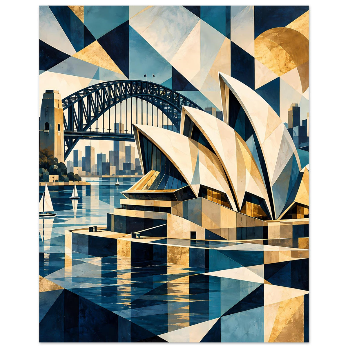 Poster mit geometrischem Sydney-Motiv, Fokus auf Opernhaus, Brücke und Hafenwasser