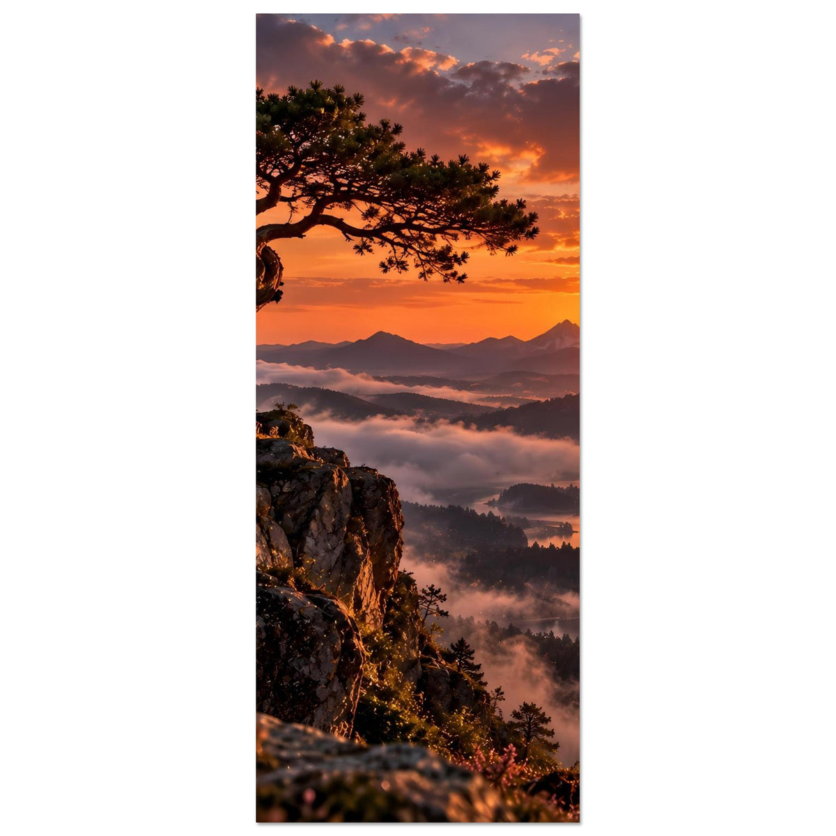 Poster: Baum auf Felsen, Sonnenuntergang über Bergen und Nebelmeer