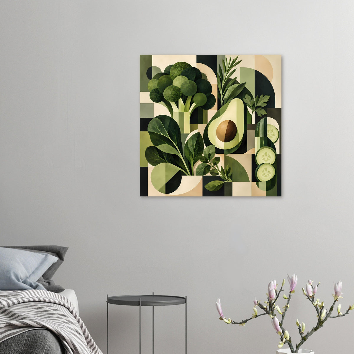 Kleines Gemüse-Poster im Quadrat mit Avocadoform und Blattpflanzen in Grün-Creme