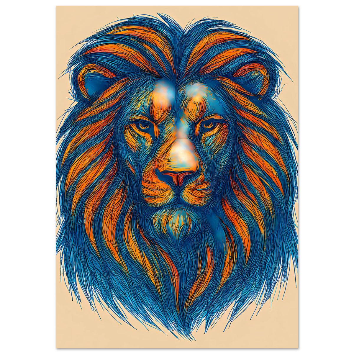 Löwenporträt-Poster im Hochformat mit zentriertem blau-orangen Löwenmotiv