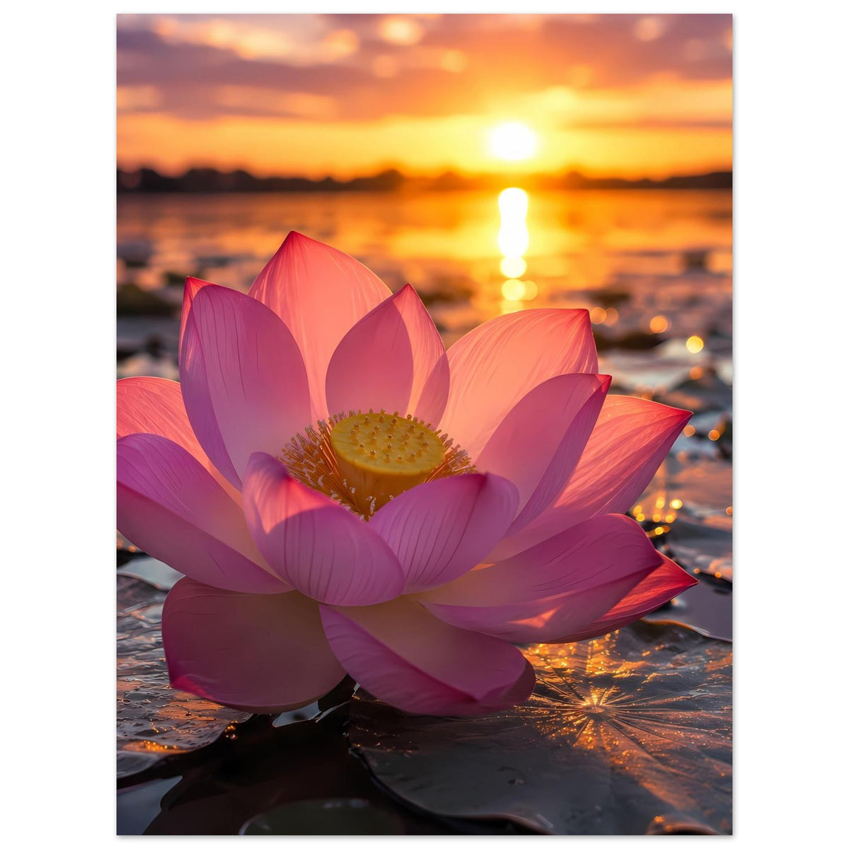 Lotusblüten-Poster im Hochformat: pinke Blume mit gelber Mitte im Sonnenuntergangsbild