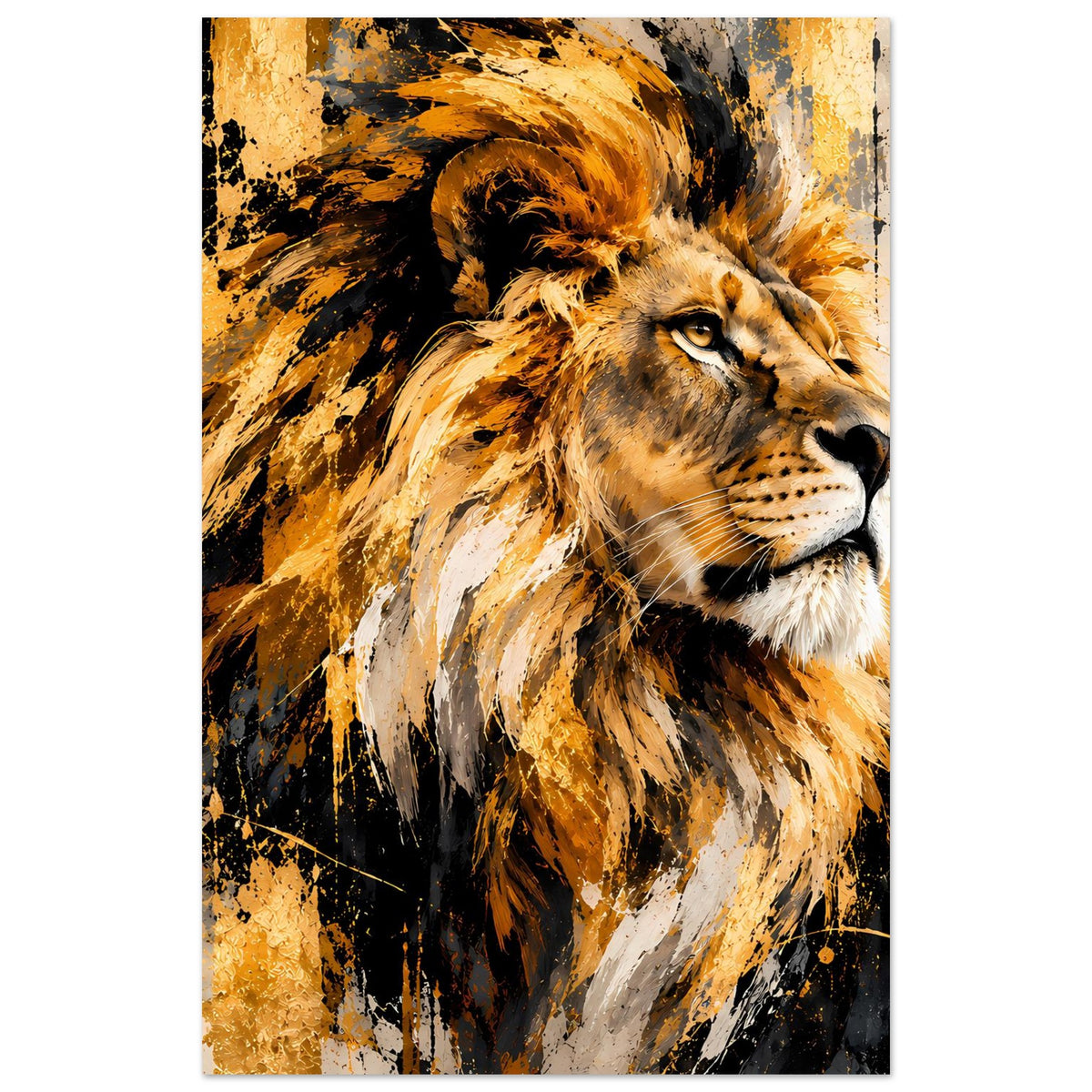 Portrait-Löwenkopf Poster in warmen Gold- und Schwarztönen, seitlicher Blick