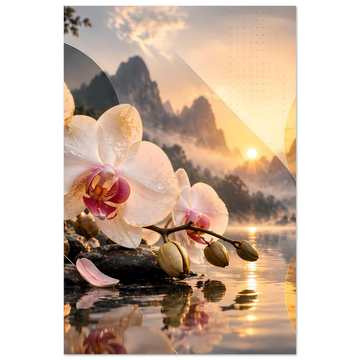 Poster mit weißen Orchideenblüten, Knospen am Zweig und warmem Sonnenaufgang über See