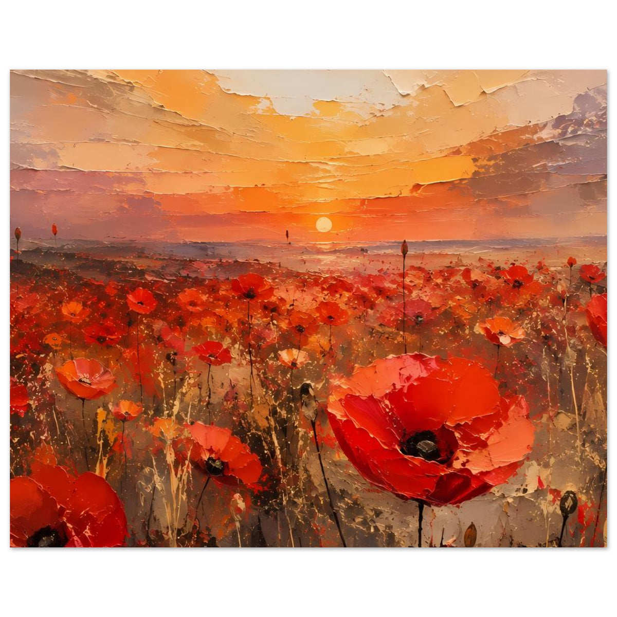 Horizontales Wandposter mit roten Mohnblumen und orangefarbenem Sonnenuntergang