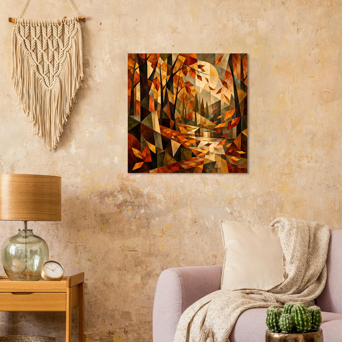 Quadratisches Poster: kubistische Herbstlandschaft in Orange, Braun und Beige, mit schwarzem Rand.