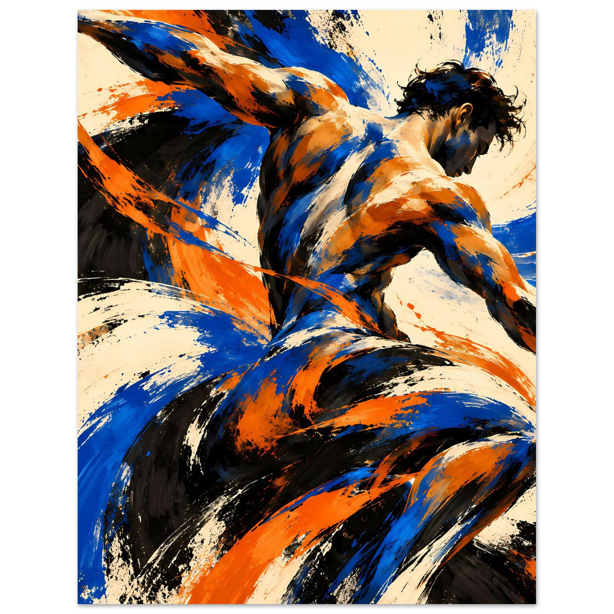 Kunstposter mit liegender dynamischer Figur und Spritzern in Blau, Orange, Schwarz